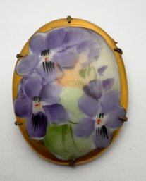 ANTIQUE HAND PAINTED PORCELAIN BROOCH WITH VIOLETS