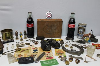 Junk Drawer Lot With Binoculars, Vintage Coke, JR Beer Can Full, Collectible Can Openers, Horseshoe, Etc.