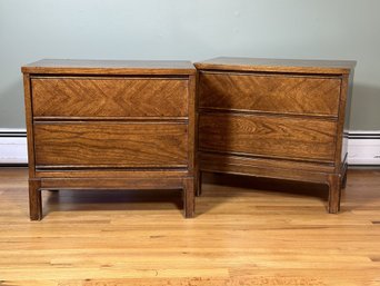 A Pair Of Vintage Nightstands With Chevron Patterned Veneer In Speckled Walnut Stain