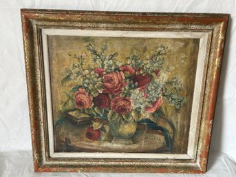 Lovely Vintage/antique Oil Painting On Canvas- Bouquet Of Roses- Artist Signed With Gallery Tag