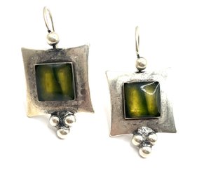 Vintage Sterling Silver Southwestern Green/yellow Agate Stone Earrings