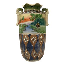 Tall Vintage Multicolor Hand Painted Fluted Japanese Pottery Art Vase Urn (U.S. Shipping Available)