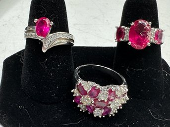 3 Sterling Silver Rings With Synthetic Rubies