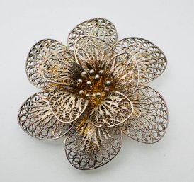 VINTAGE ITALIAN STERLING SILVER FLOWER BROOCH