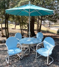 A Vintage 1950's Metal Outdoor Dining Set With Umbrella AND An Extra Restored Table Top!