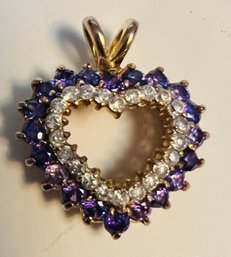 VINTAGE GOLD OVER STERLING SILVER PURLE/WHITE CZ HEART PENDANT