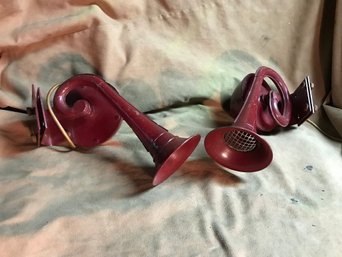 Pair Of Vintage  Red 1940s Fire Truck Horns Work Loud 6 Volt