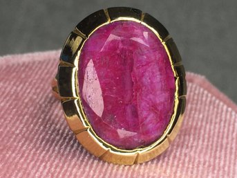 Very Nice 925 / Sterling Silver Ring With 14K Gold Overlay With Natural Uncut / Unpolished Ruby Ring - Wow !