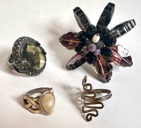 4 Vintage Rings: Marcasite, Mother-Of-Pearl, Over Sized Beaded & Wire