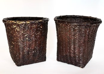 A Pair Of Vintage Woven Bamboo Baskets From Japan