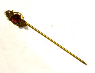 Victorian Gold Plated Stickpin Having Cabochon Red Stone Leaf Motif