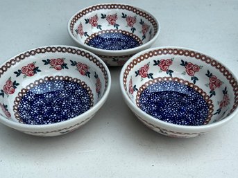 Three Handmade Polish Pottery Bowls Signed