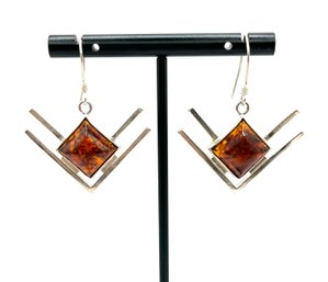 Vintage Sterling Silver Amber Color Stone Abstract Dangle Earrings