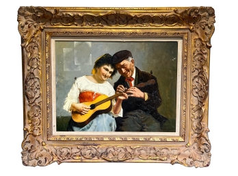 A Fantastic Reproduction Painting After Original By Jules Zermati (1880-1920) Titled 'the Guitar Lesson'