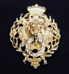 Vintage Gold Tone Rhinestone Lion Head Doorknocker Brooch (missing Some Stones)