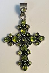 VINTAGE LARGE STERLING SILVER GREEN AMETHYST CROSS PENDANT