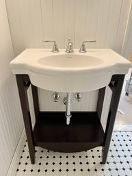 An American Standard Wood Base Wash Basin - Porcelain Sink With Grohe Fixtures - Bath-B