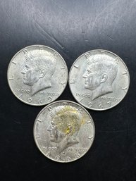 3 40 Silver Kennedy Half Dollars 1967, 1968-D, 1969-D