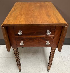19th C Antique 2 Drawer Sewing Table - Nightstand - End Table - 21.25x18x27.75 H Glass Knob Spool Leg Dropleaf