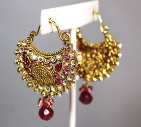 Pair Gold Tone India Indian Large Pierced Earrings Having Red And Faux Pearl Stones