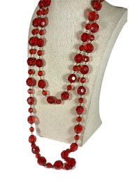 1980s Red Plastic Faceted Double Strand Beaded Necklace