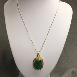 Lovely Sterling Silver With 14K Gold Overlay Green Quartz Pendant With Italian 17' Gold Overlay Chain - NEW !