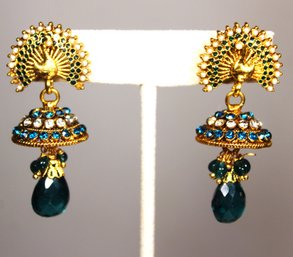 Gold Tone India Indian Costume Peacock Pierced Earrings