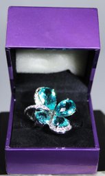 Large Suzanne Sommers Sterling Silver Gemstone Aqua Blue Flower Form Ring Size 6
