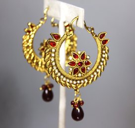 India Indian Gold Tone Red Stone Pierced Hoop Earrings