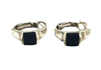 Vintage Sterling Silver Onyx Color Half Hoop Earrings