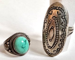 2 Vintage Sterling Silver Mexican Rings, One With Turquoise Bead