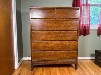 A Vintage Tall Dresser With Chevron Patterned Veneer In Speckled Walnut Stain