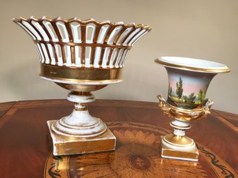 Two Beautiful Antique French Porcelain Pieces - One Hand Painted Urn - One Lattice Tazza - Very Pretty Pieces