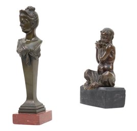 Bronze  Male Faun Playing A Flute And A Classical Metal Female Bust Of Diana Resting On A Pedestal