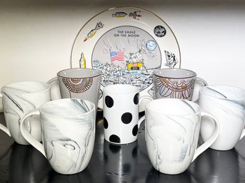 A Vintage Moon Landing Plate And Ceramic Mugs