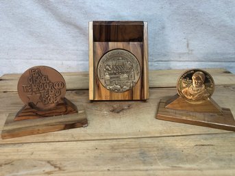 3 Vintage Israeli Medals W/ Olive Wood Stands.   Lot 18
