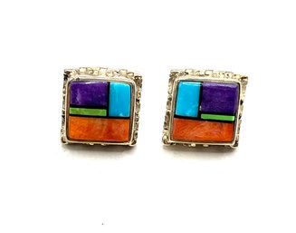 Vintage Sterling Silver Multi Color Stone Inlay Earrings