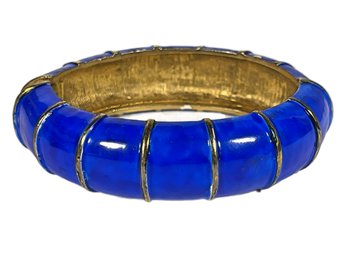 Vintage Blue Enamel On Gold Tone Hinged Cuff Bracelet Signed CADORO