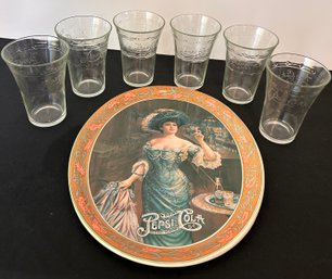 Vintage Pepsi Cola Oval Metal Serving Tray With Six Pepsi Glasses