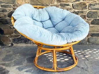 A Vintage Papasan Chair With Blue Microfiber Cushion 1 Of 3