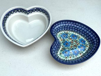 Two Heart Shaped Polish Pottery Bowls One Is UNIKAT/Signed