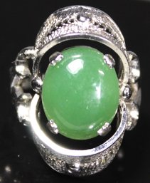 Vintage Sterling Silver Filigree Ladies Ring W Genuine Jade Stone Size 4