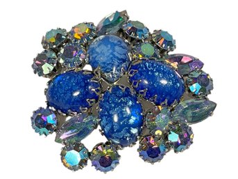 Vintage Blue Rhinestone Brooch Having Art Glass Stones