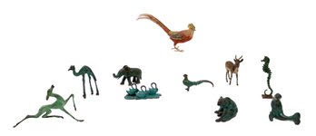 10 Piece Assortment  Of Hand Painted  And Verdigris Bronze Animals Figurines