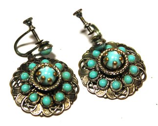 Vintage Silver Tone Screw Back Earrings Having Faux Turquoise Stones