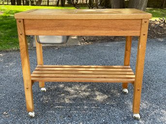 A Very Versatile Vintage Oak Kitchen Island With Shelf, Cutting Board And Undermount Dry Sink - So Cool!