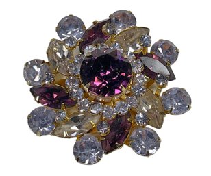 Vintage Gold Tone Purple And White Rhinestone Brooch Circular Form