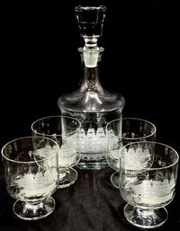 Stately Tall Ship Etched Decanter W/ Stopper & Tall Ship Glasses