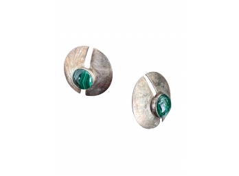 Sterling Silver Pierced Earrings With Green Stone