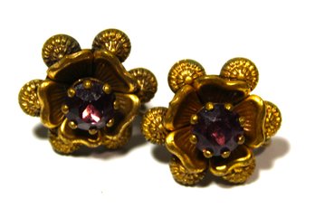 Pair Vintage Gold Tone Floral Form Screw Back Earrings W Purple Glass Stones